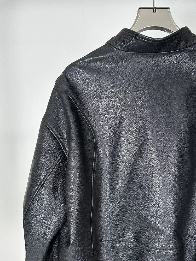 Jaqueta Feminina Casual de Couro Genuíno para Primavera, Gola Alta, Zíper, Estilo Punk, Couro de Carneiro, Ajuste Solto, Casaco Curto