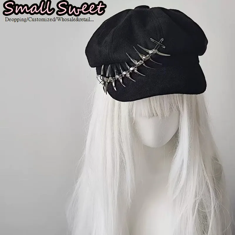 Women Y2K Spicy Girl Subculture Punk Rivet Snake Skull Bone Alternative Fashion Beret Harajuku Gothic Halloween Versatile Hat