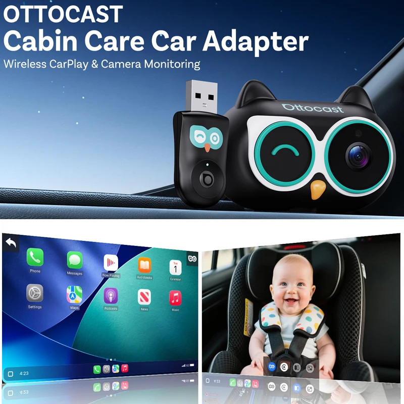 OTTOCAST Cabin Care Baby Car Camera Wireless Carplay Adapter 1080P 150° Wide Angle Night Vision Back‑Seat Monitor Easy Install
