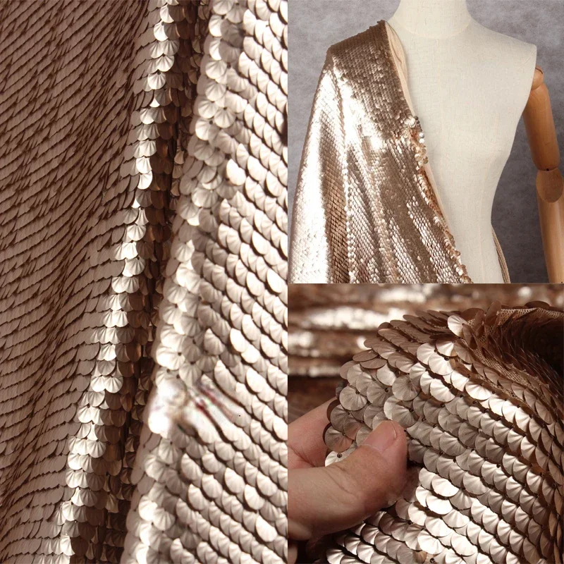 Metallic Fish Scale Stage Gold Sequin Fabric for Clothing  Wedding Dress Garmen Designer Fabric Wide 130cm Sold By the Yard