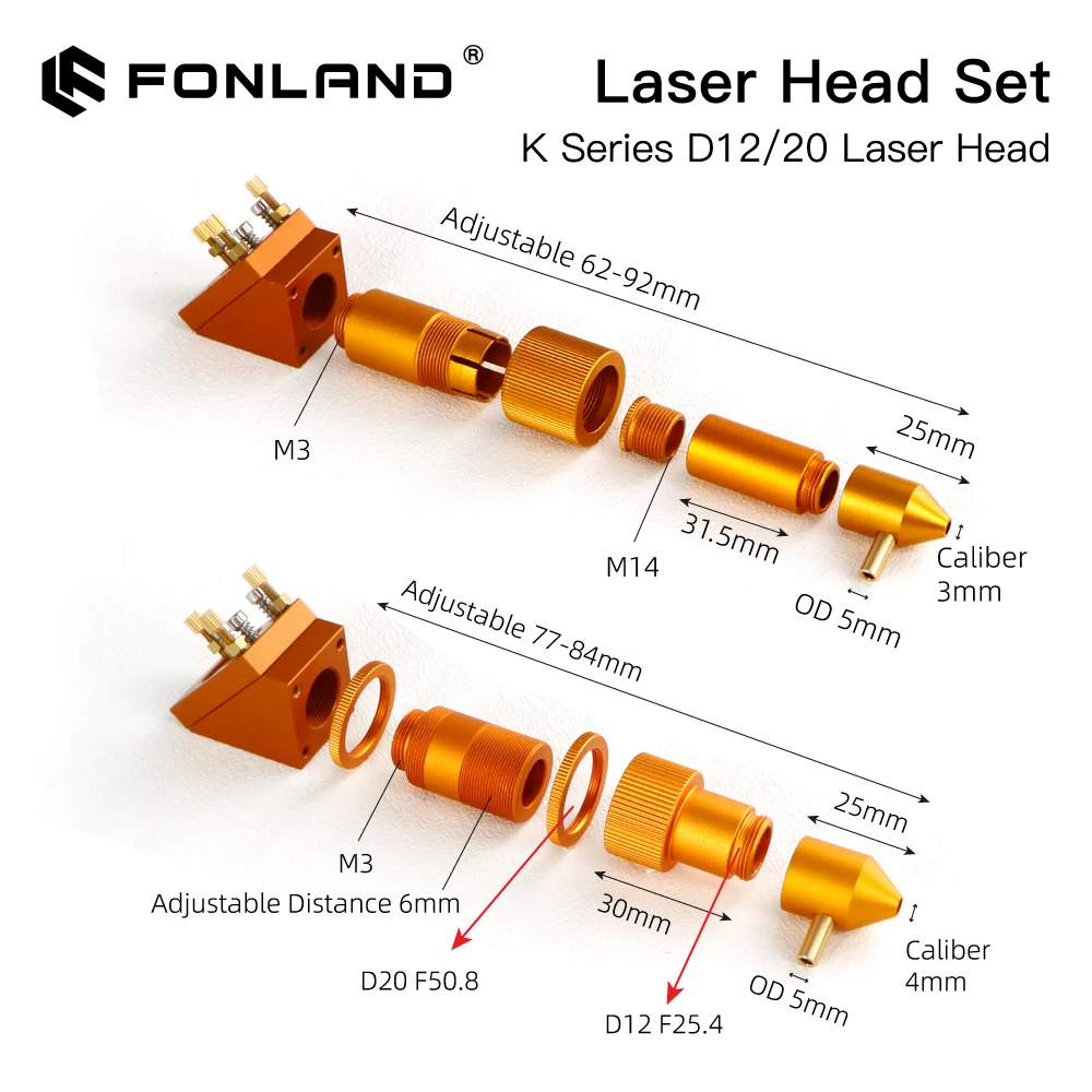 Fonland K Series CO2 Laser Head Set D12/20 Laser Head Lens Dia.12/20mm Mo Mirror D20mm for K40 Laser Engraving Cutting Machine