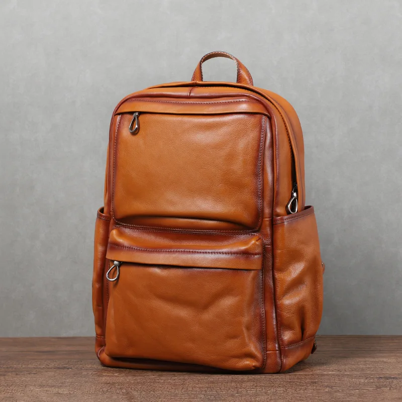 YETTIES Men's Vintage Vegetable Tanned Leather Backpack Large Capacity 15.6-inch Laptop Travel Rucksack Genuine Cowhide Daypack