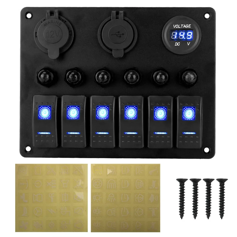 

Universal Car RV 6 Switch Panel 12/24V Rocker Panel Voltmeter USB Charger Circuit Breaker Tester Light Toggle