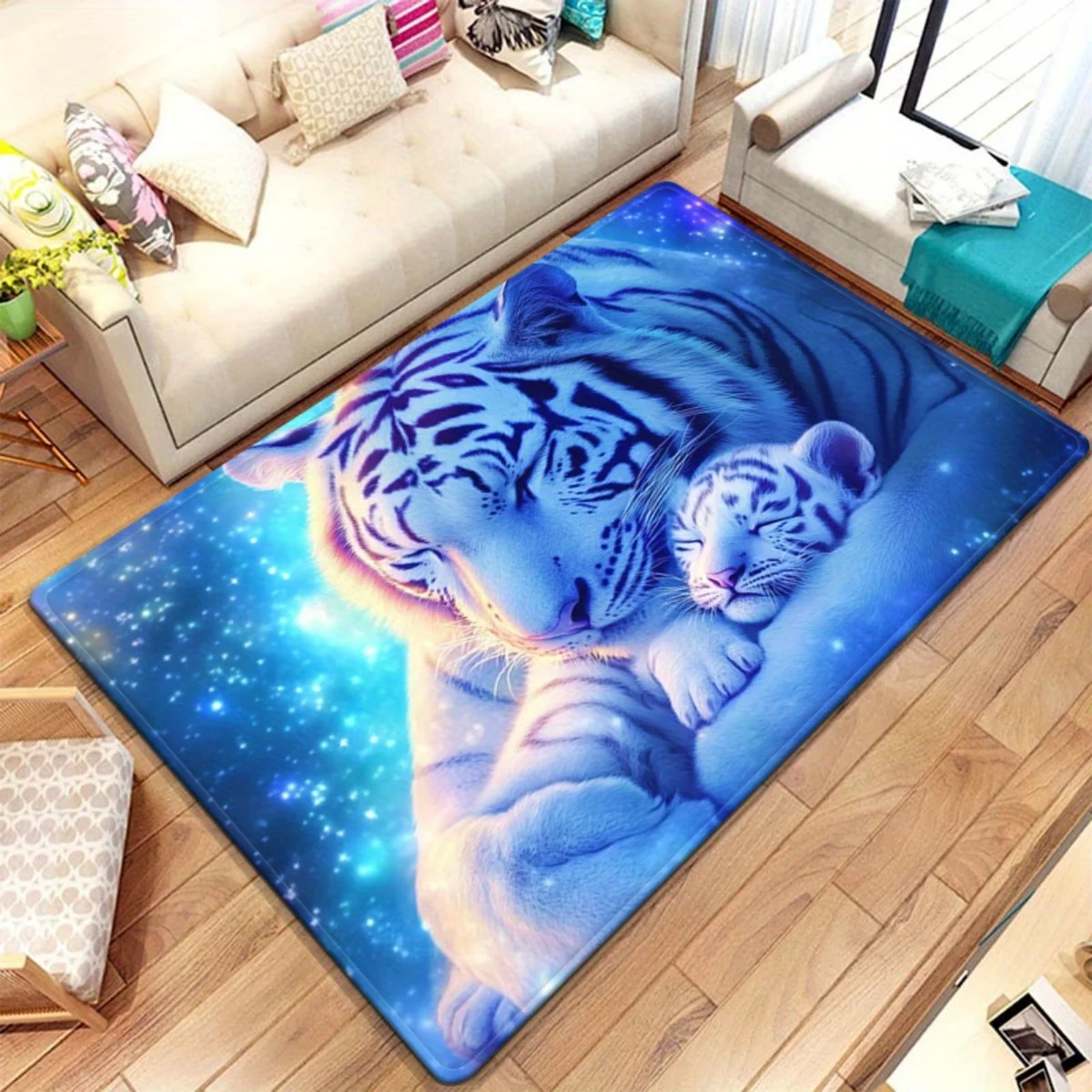 White Tiger Rug Flannel Soft Kids Carpet Sleeping Tiger Print Bedroom Kitchen Floor Mat Anti Slip