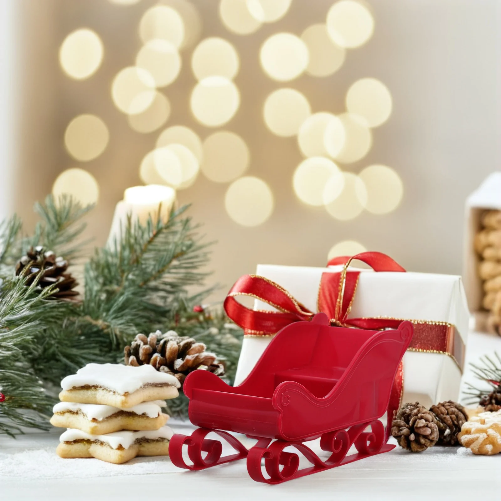 

2Pcs Christmas Sleigh Decoration Red Plastic Sled for Under Tree Mantelpiece Centerpiece Holiday Desk Display Candy Holder