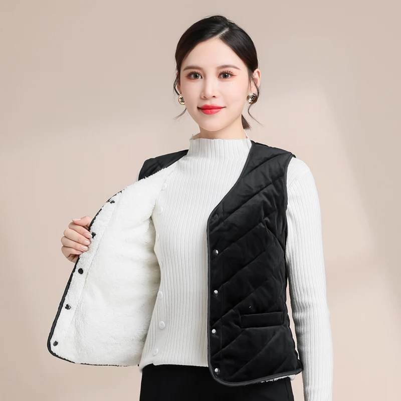 Ladies Lightweight Fce Vest Close-Fitting ort Sle Warm Inner Cotton Vest V-Ne Single Button Closure  Color