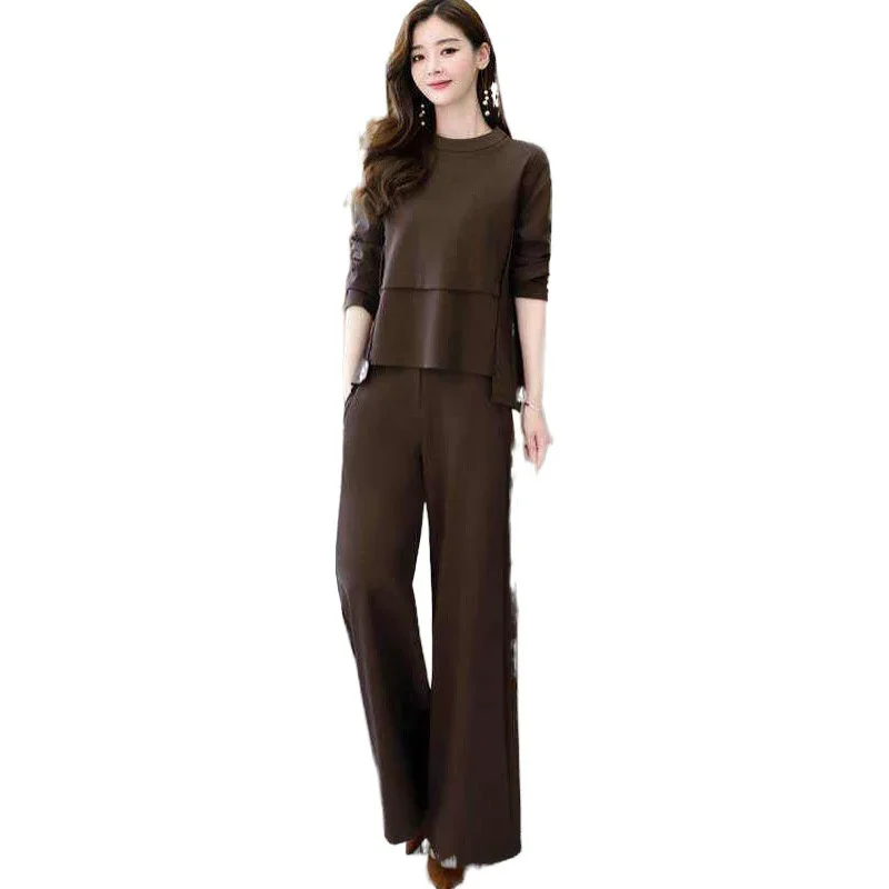 

Autumn Age-reducing Slimming Suit New Everything Belly Covering T-shirt Foreign Style Wide Leg Pants Women's Two-piece Set