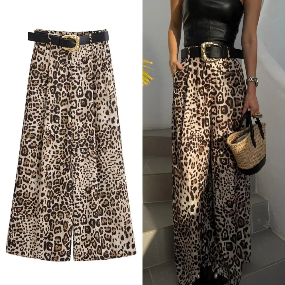 Y2K Trousers Women High Waisted Leopard Pants Satin Wide Leg with Belt American Summer Casual Street Fashion