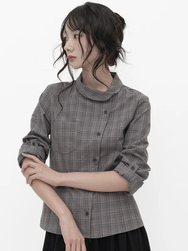 Chic Autumnal Long Sleeve Shirt Women's Retro Japanese Design Sense Oblique Flap Buttoned Sleeve Rollup Checkered Shirt