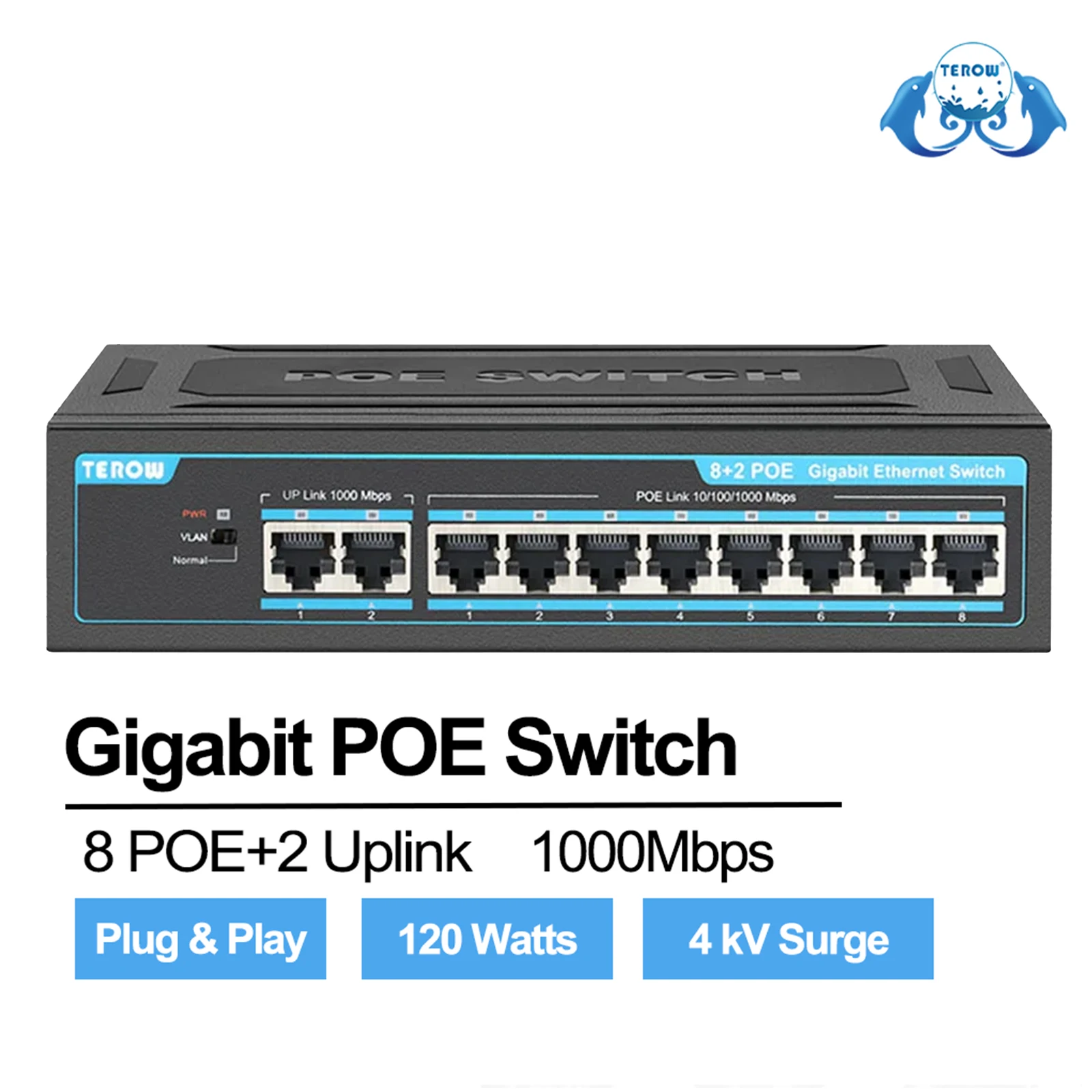 TEROW POE Switch 8 port Gigabit Switch Ethernet, Wifi Smart Switch Jaringan 1000Mbps Hub RJ45 untuk IP kamera/Wifi Router