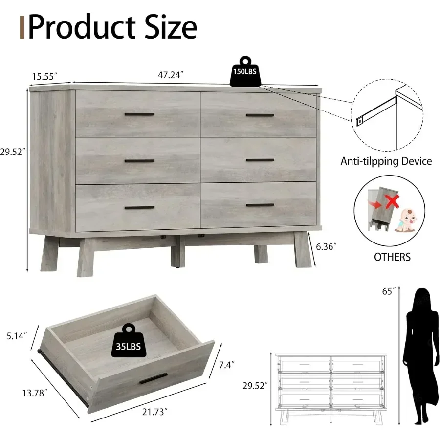 Dresser for Bedroom, 6 Drawer Wide Modern Chest of Drawers with X-Shaped Sturdy Base, Wood Double Dresser Closet Clothes Storag