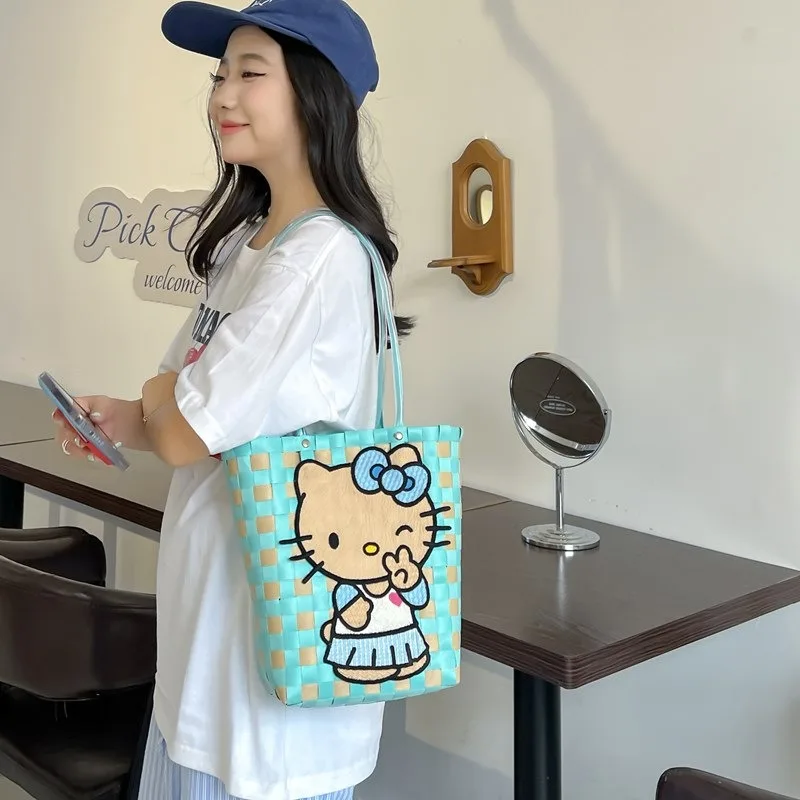 

Hello Kitty Cartoon Embroidered Woven Bag 2024 New Kawaii Pattern Best Friend Same Style Girls Portable Handbag Birthday Gift