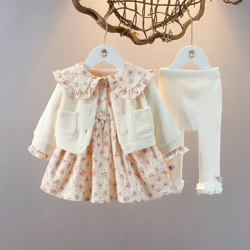 2024 Autumn New Girl Korean Edition Sweet Cute Flower Two Piece Set Baby Autumn Dress Little Girl Short Skirt Set Girl Clothes