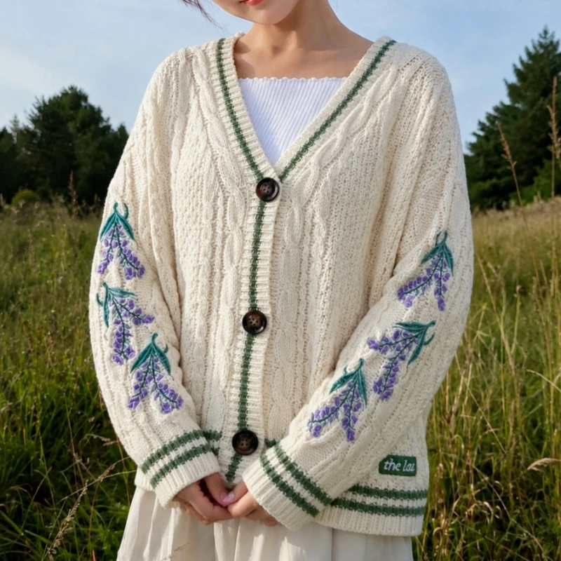 Women The Lakes Cardigan Wisteria Flower Embroidered Cable Knit Sweater Vintage Green Trim Knitted Cardigan Fall Winter Knitwear