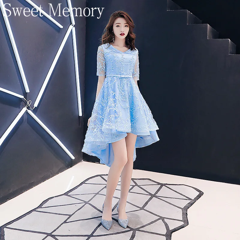 

N1130 V-Neck Girls Women Party Dress Gray Blue Champagne Clothes Sweet Memory High Low Prom Dresses For Graduation Gown Lady