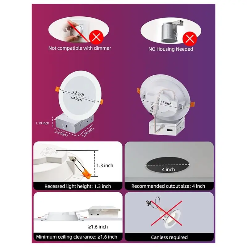 AB15-LED Recessed Downlight Bluetooth Smart Tuya, 70W Equivalent, Color Changing, 2700K Warm White Light, Remote Control(4-Pack)