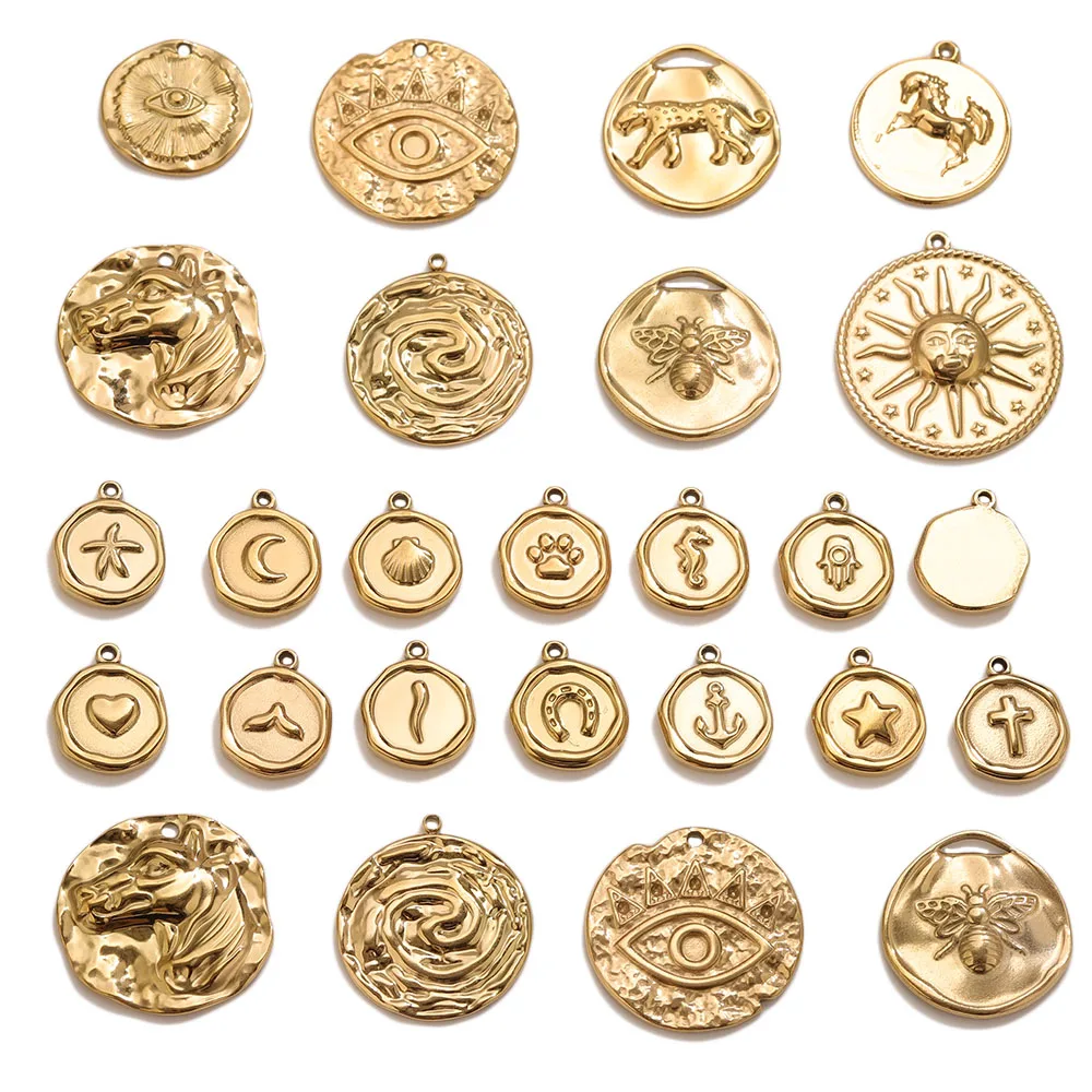 5 Stück runde böse Tier-Sonnen-Anhänger aus Edelstahl, PVD-Gold, Boho-Accessoires für DIY-Ohrringe, Halsketten, Schmuck, Geschenke, Großhandel