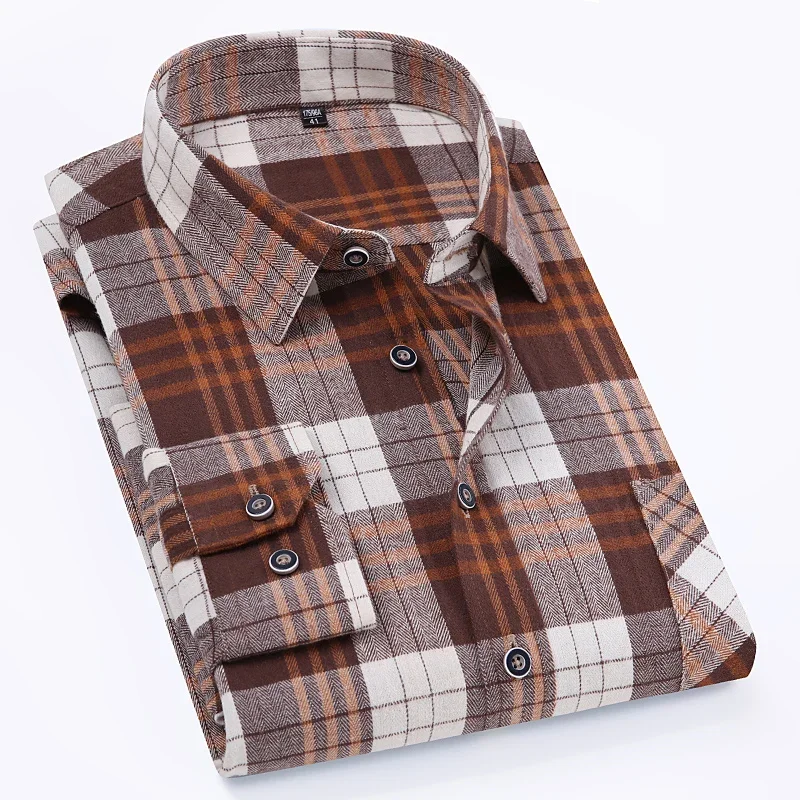 New in Shirt Plus Size 14XL 100% Cotton Brushed Long-Sleeve Shirts for Men Slim Fit Plain Casual Shirt Plaid Soft Elegant Clothe