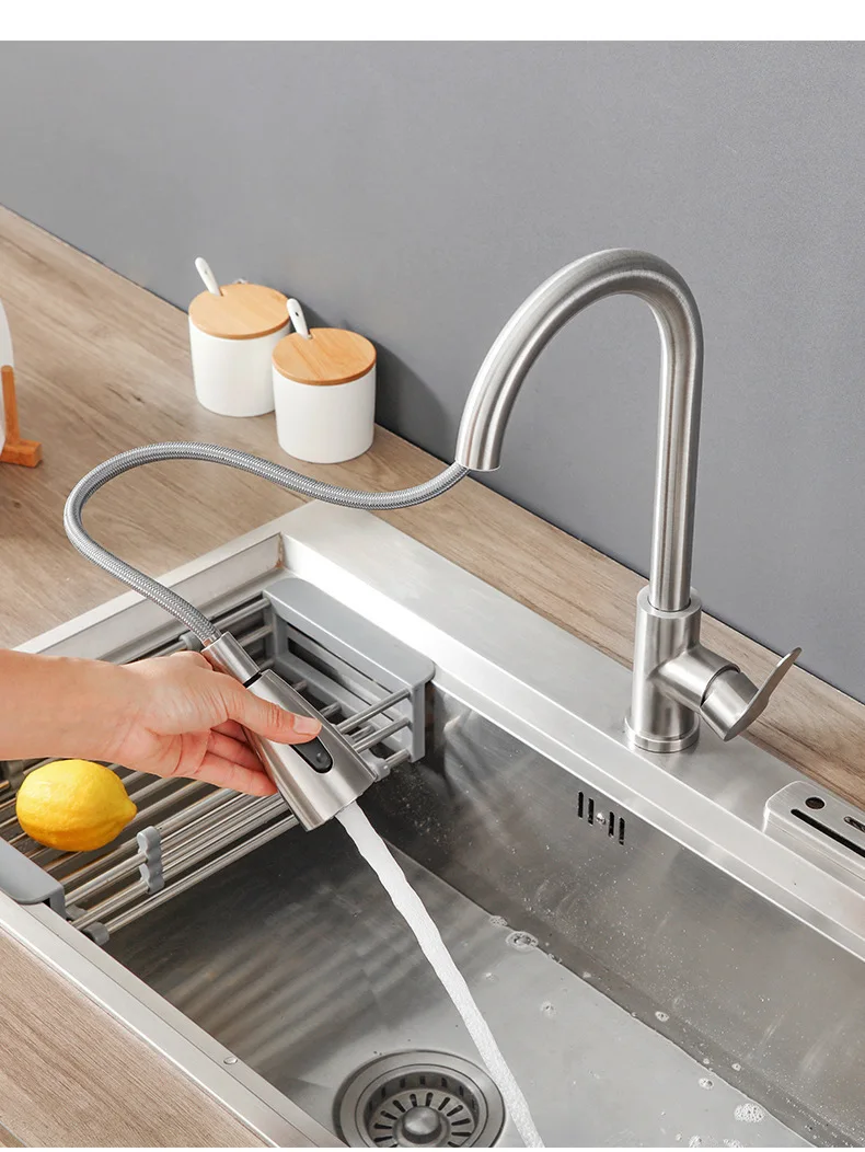 Stainless Steel Rotatable Pull-out Faucet for Kitchen, 2 Levels, Double Outlet, Vegetable Sink, Retractable, Wholesale