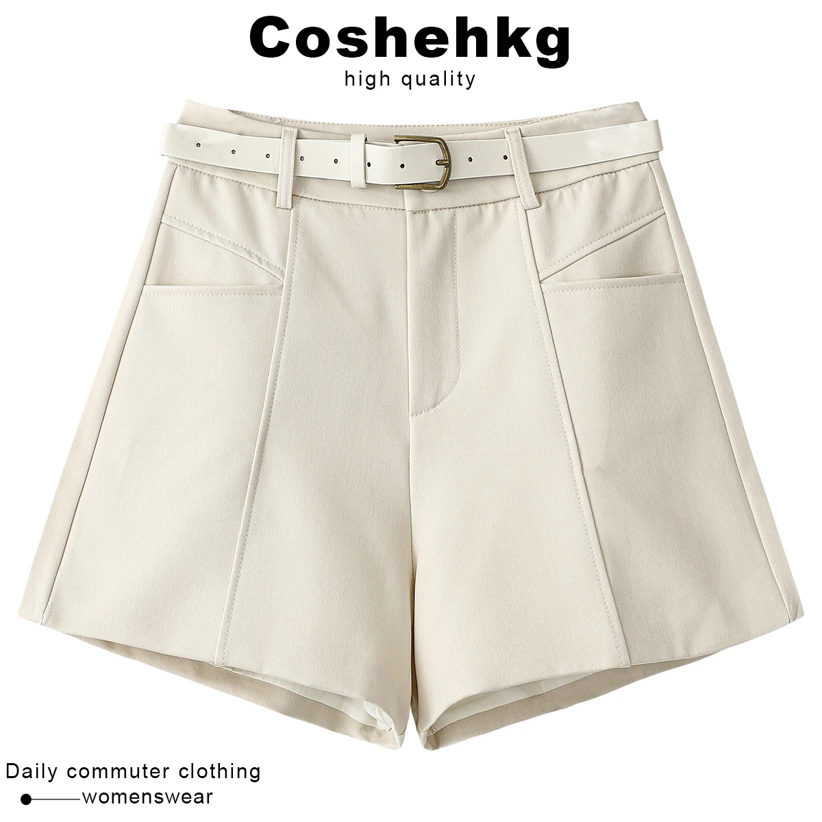 

Coshehkg Commuter High Waist Loose Suit Shorts Women's Summer New Belt Wide Leg Elegance High Waist Pants Pocket Detail