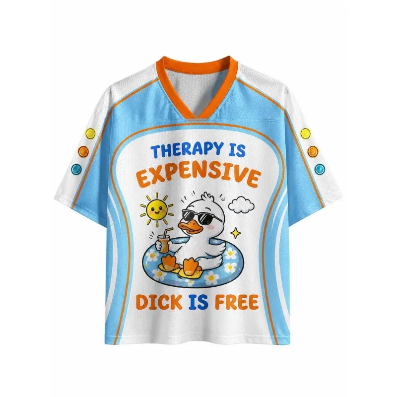Funny Slogan Cartoon Duck Football Jersey Summer Pool Duck Sunglasses Print V‑Neck Color Block Short Sleeve Sports Tee Top