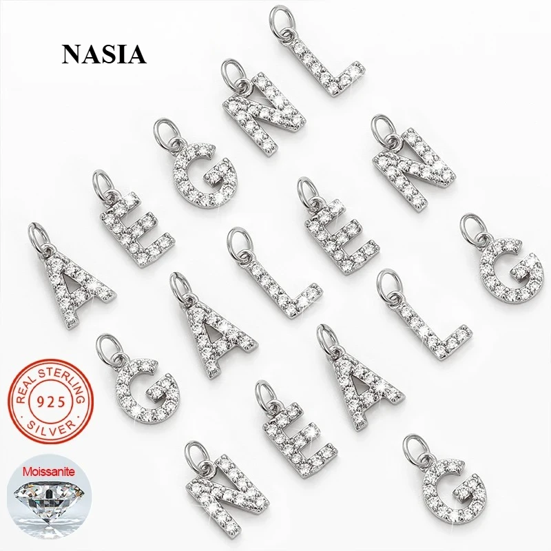 NASIA Moissanite Initial Letter Charms Pendant 100% S925 Sterling Silver for Women Men Necklaces Jewelry Accessories Gifts 2026