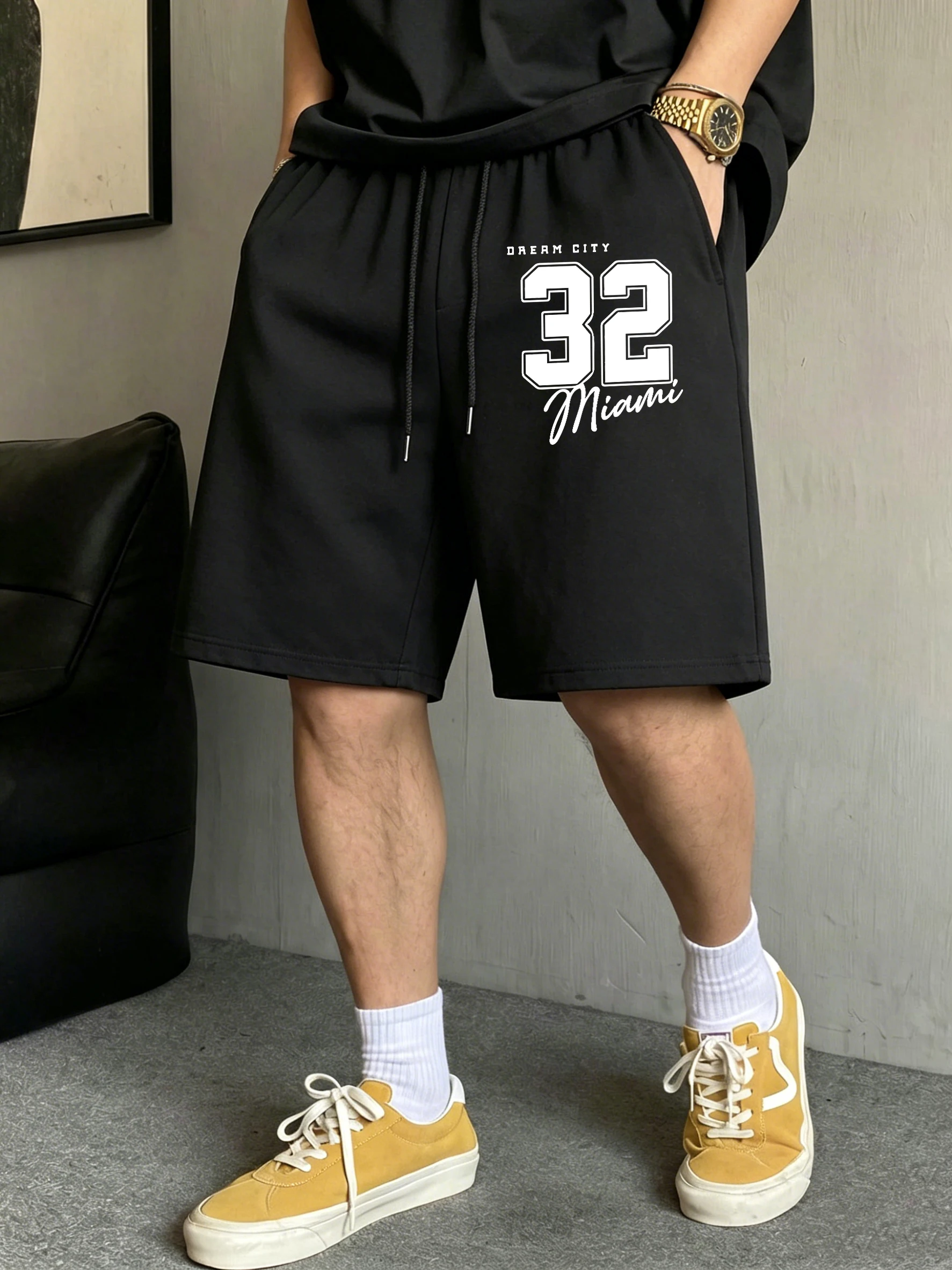 Miami Dreams City 32 Prints Pocket Bottoms Men Summer Drawstring Shorts Black Fashion Wide-Leg Pants Loose Basics Sportwear