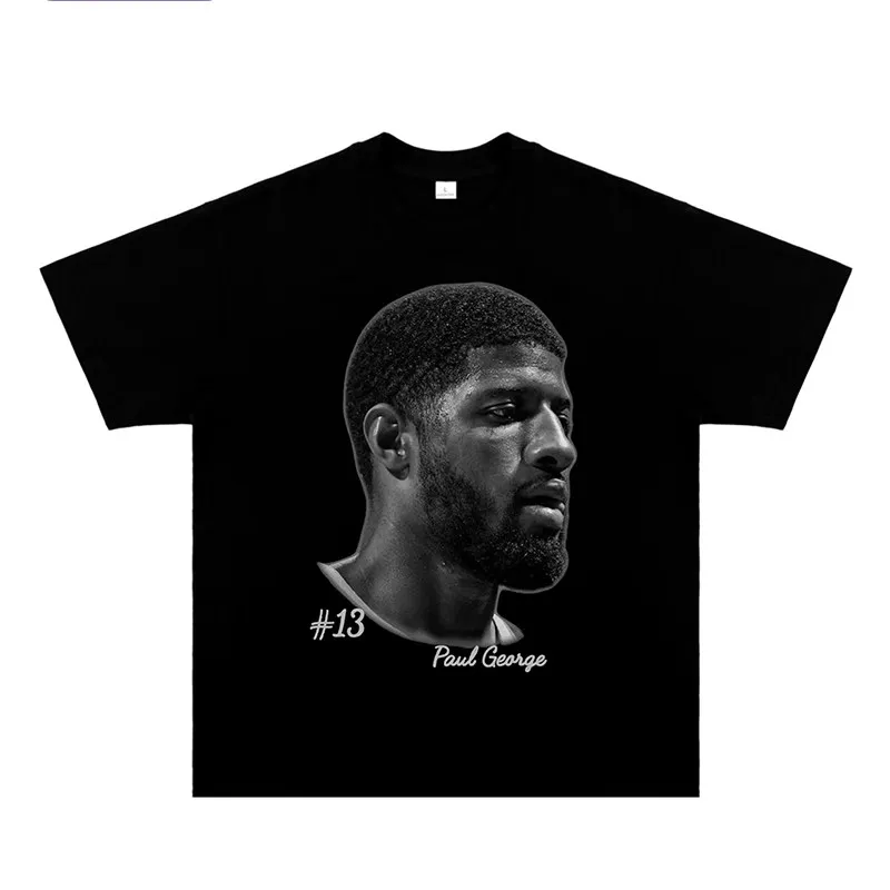 Paul George Monochrome Portrait T-Shirt Oversized Crew Neck Moisture Wicking Y2K Style Basketball Training Street Hip Hop Top