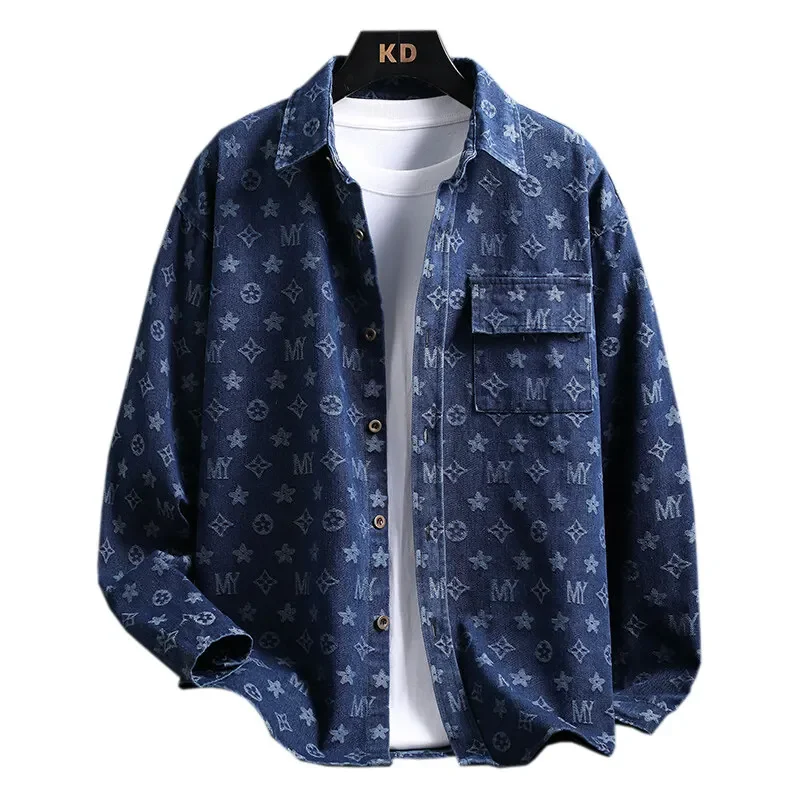 

Trendy Men's Letter Print Denim Shirt Soft and Breathable Collar Single Pocket Long Sleeve Casual Shirt Comfortable Men's Top