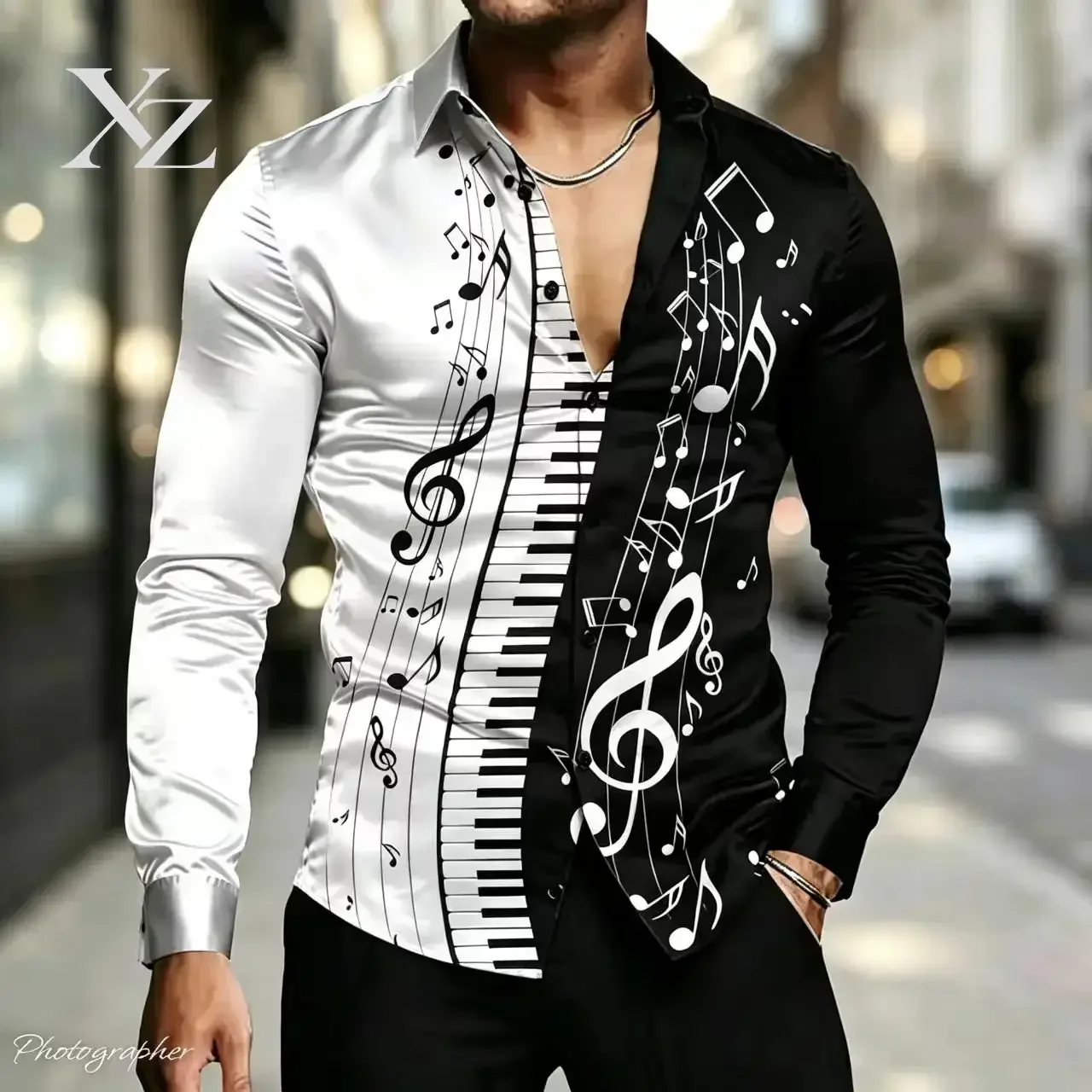 Premium Men's Long Sleeved Button Up Party Shirt with Piano Music Notes Print, Satin Silk Casual Fashion Plus Size