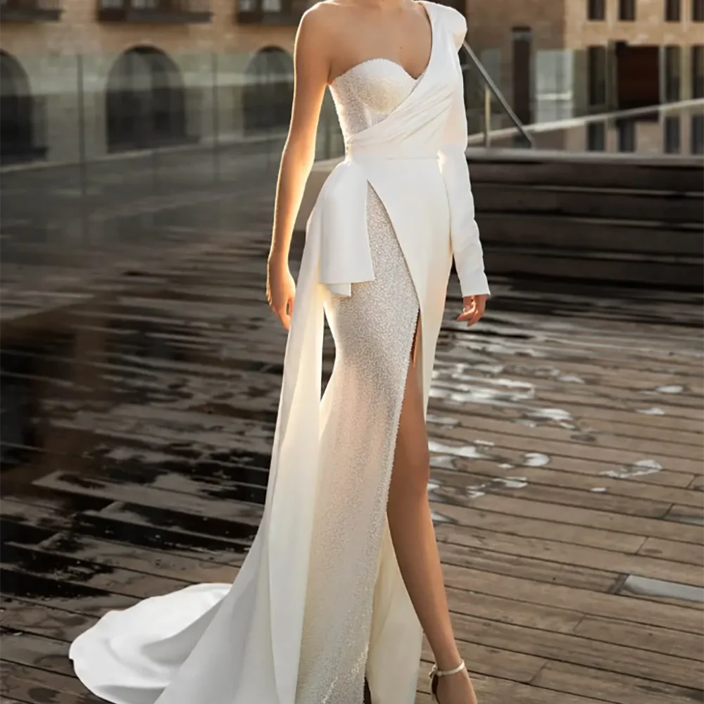 Classic One Shoulder Ruched Beads Mermaid Bride Wedding Dresses Bridal Gowns Customized