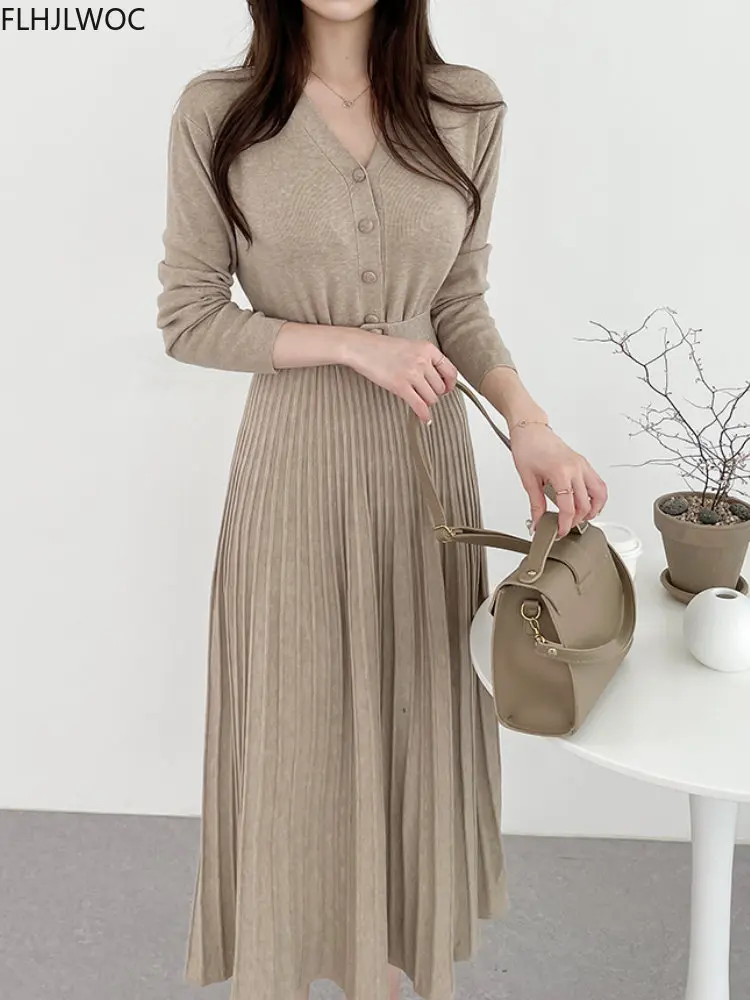 

Hot Stretchy Women Knitted Sweater Pullover Dress Autumn Winter Basic Wear Lady Chic Korea Ruffles Knit Black Long Maxi Dress