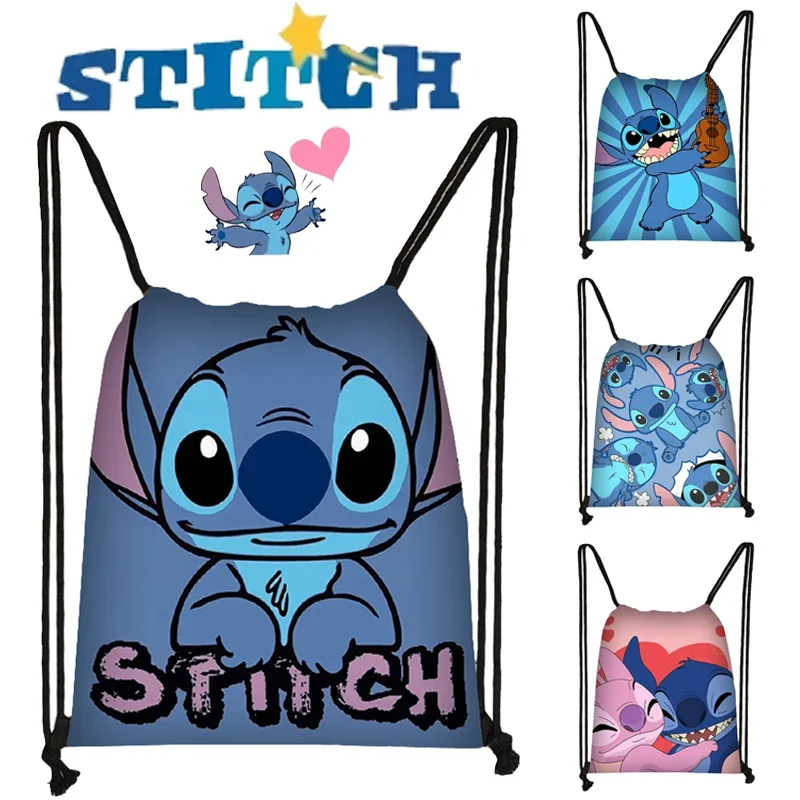 Disney Stitch Drawstring Bag Portable Children Backpack Cute Cartoon Travel Storage Bags Fashion Men Women Sports Gym Bag