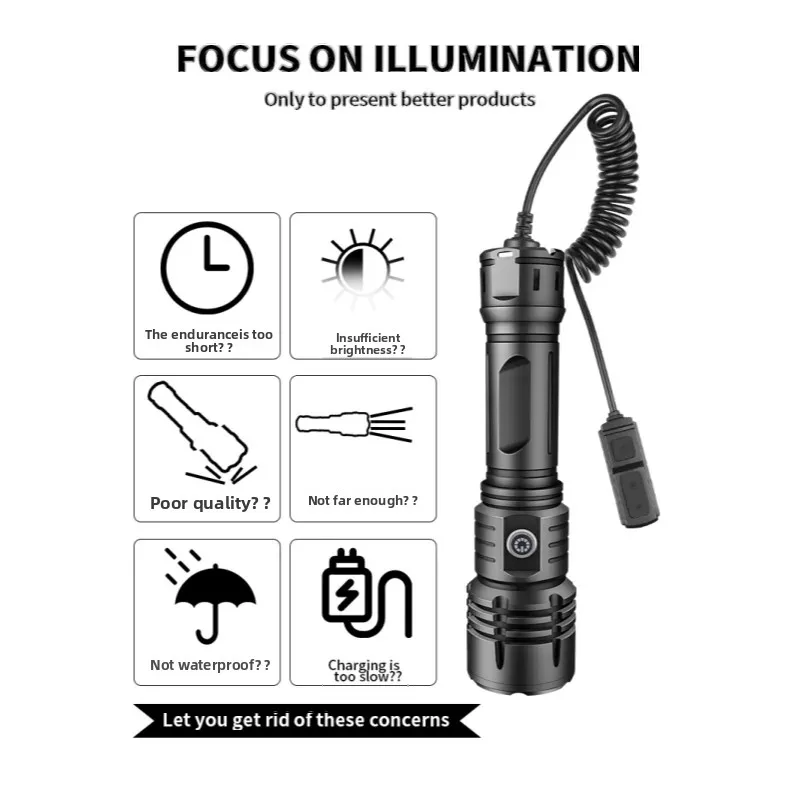 L2 LED tactical rat tail dual switch aluminum light cup fixed focus USB charging smart reminder tactical flashlight