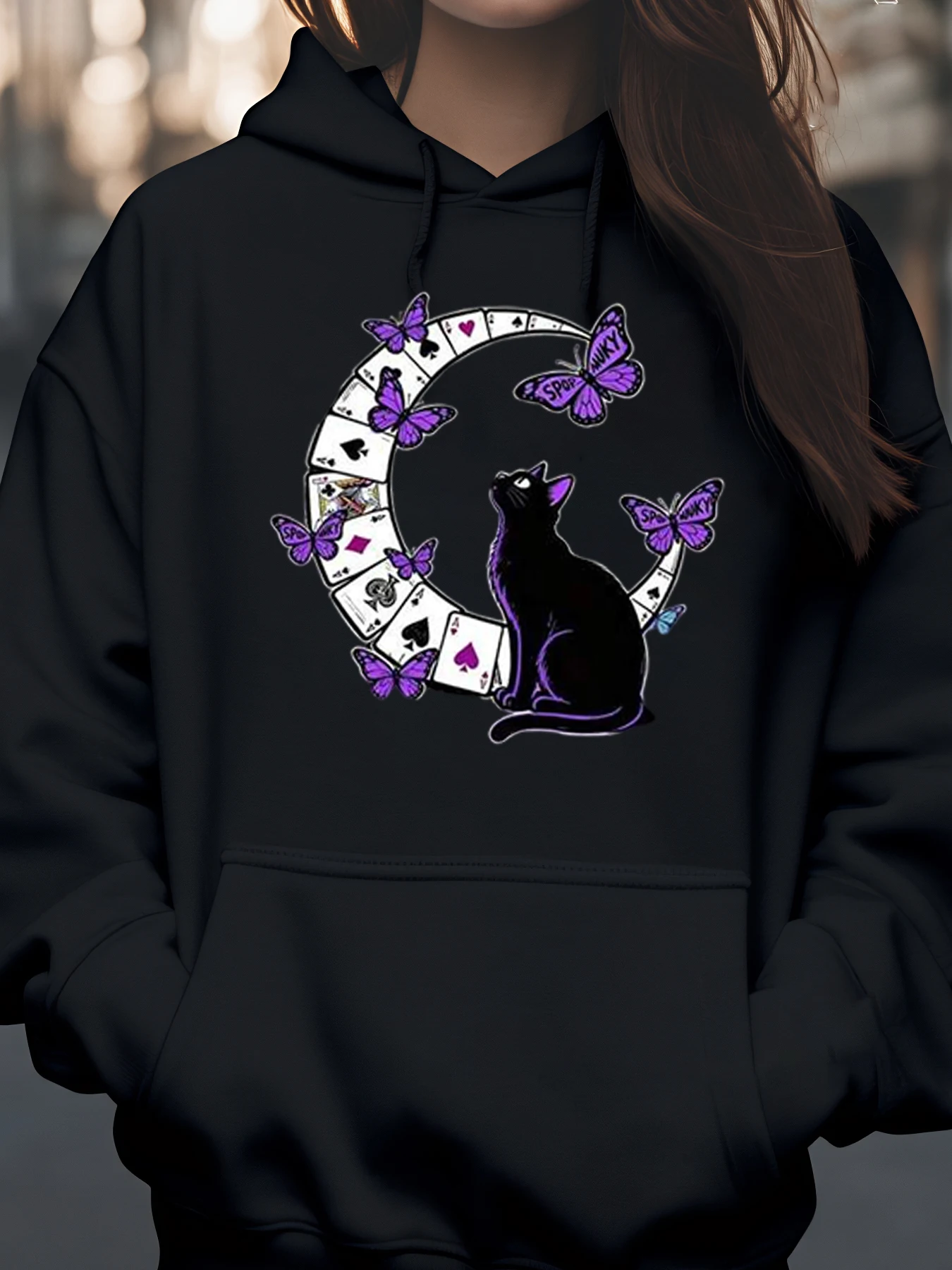 Cat and Butterflies Playing Cards Print Hoodie Halloween Casual Wear Women