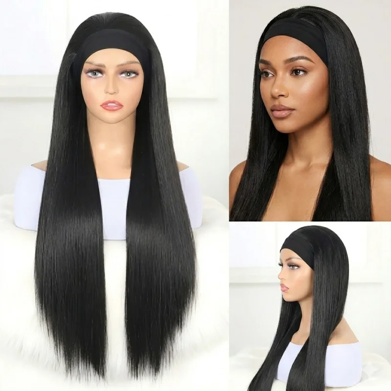 

28 Inch Black Silky Straight Headband Wig Synthetic Heat Resistant Glueless Half Wigs For Women Daily Party Long Smooth Hair Wig