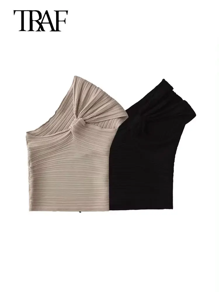 TRAF-Ribbed Knit Asymmetric Crop Top for Women, Chic Fashion, Sleeve with Front Knot, Female Tops