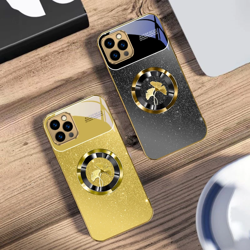 

Luxurious Ginkgo Leaves For IPhone 16 16Pro Max 15 P ro 14 13 Plus 12 Mini 11Pro Max XS Max XR Golden tempered glass phone case