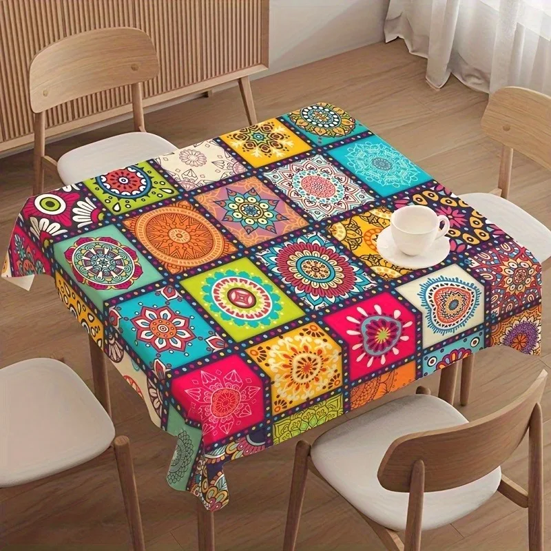 1pc Bohemian Patchwork Print Tablecloth, Durable Polyester Fabric, Vibrant Mandala Design, Square/rectangular Tablecloth for Dining and Kitchen Decor, Perfect for Indian Ethnic Festivals and Party Celebrations