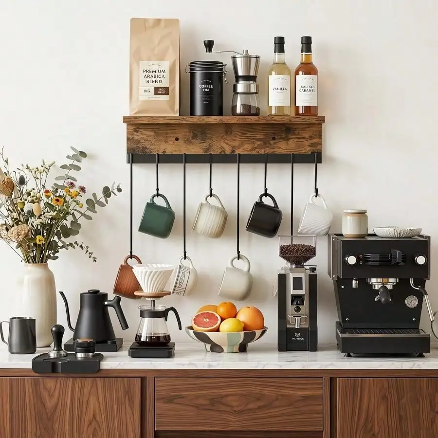 Wall Mounted Mug Holder With 8 Hooks Floating Shelf, Wooden Decorative Storage Shelves Mugs Cooking Utensils Towel Storage Or Display