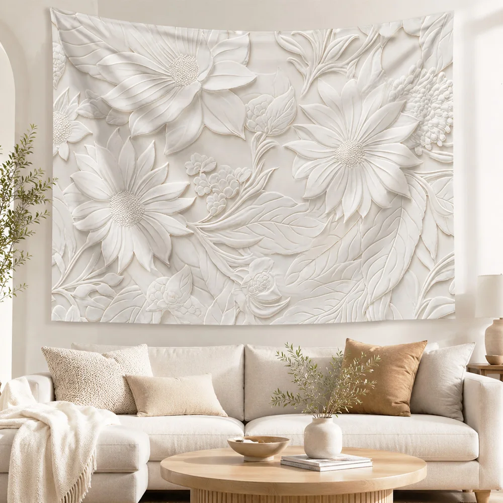 3D Embossed White Daisy Floral Wall Tapestry Neutral Textured Flower Wall Hanging Aesthetic Living Room Home Decor Gift
