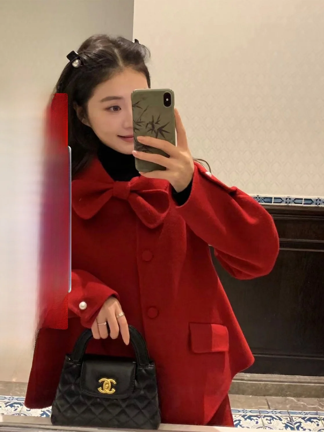 

Red Woolen Double-Faced Tweed Coat Women's Autumn Winter Outerwear New Year's Celebration Outfit Long Sve 00% Wool