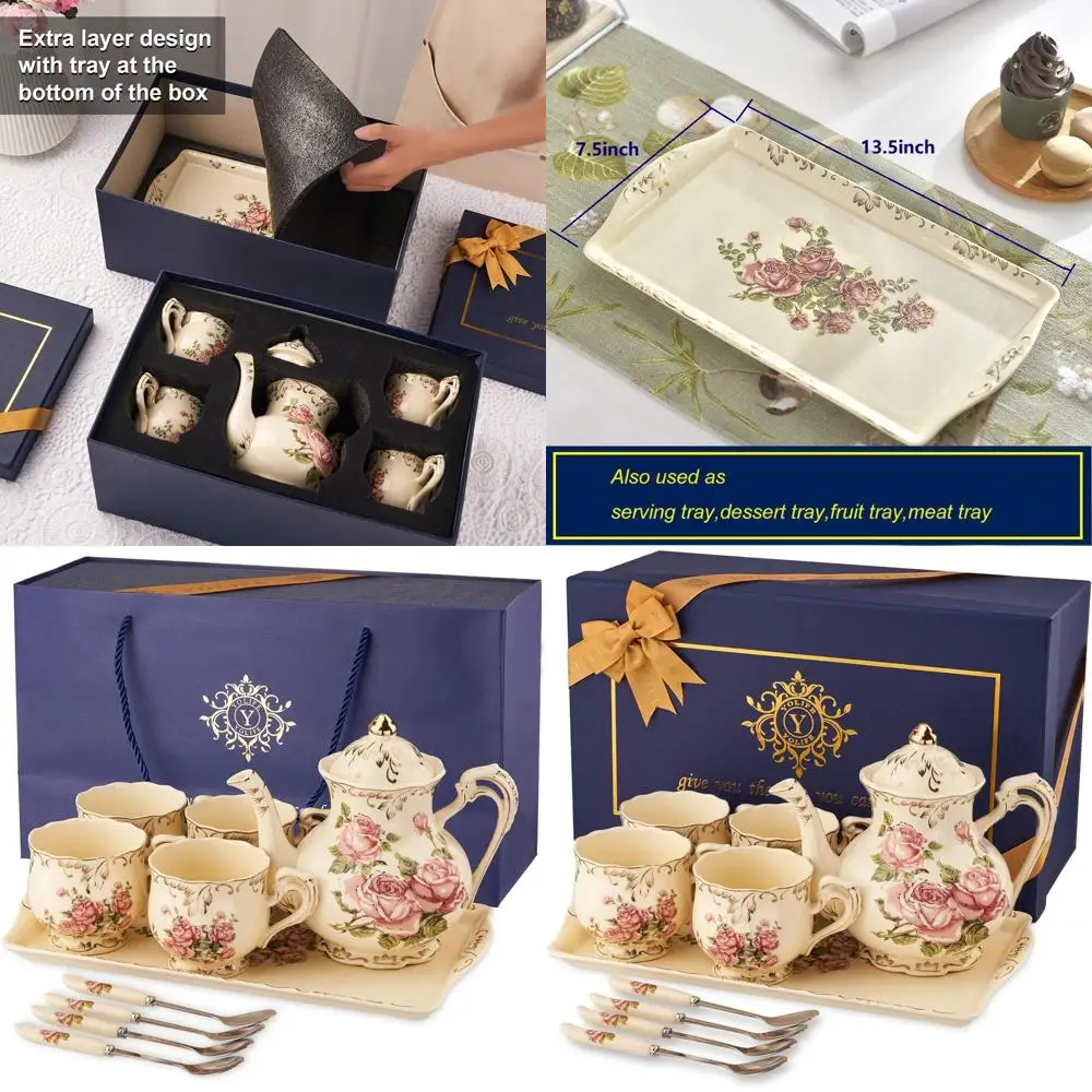 

Vintage Rose Porcelain Teaware Set for 4, Including Cups, Teapot, Tray, and Spoons, Ideal for Tea Parties and Gifts