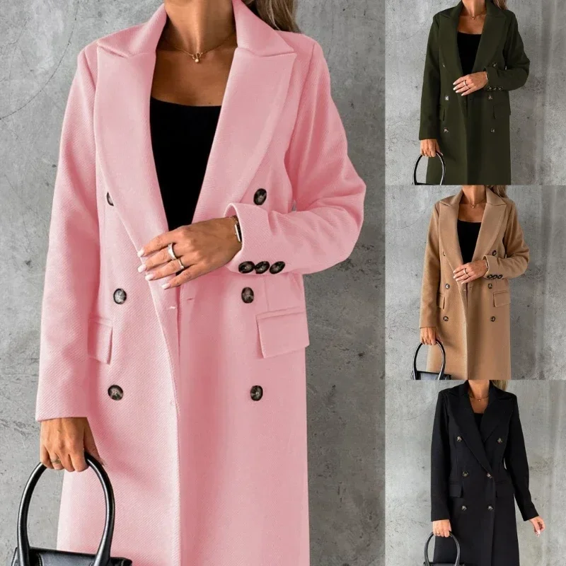 

Womens Notched Lapel Collar Double Breasted Pea Coat Winter Wool Blend Overcoat Coats Long Jackets Outwear with Pockets