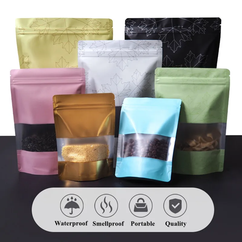 50PCS Aluminum Foil Ziplock Packaging Bag Reclosable Snack Sugar Fruits Coffee Beans Nuts Tea Beaf Wedding Xmas Gifts Pouches