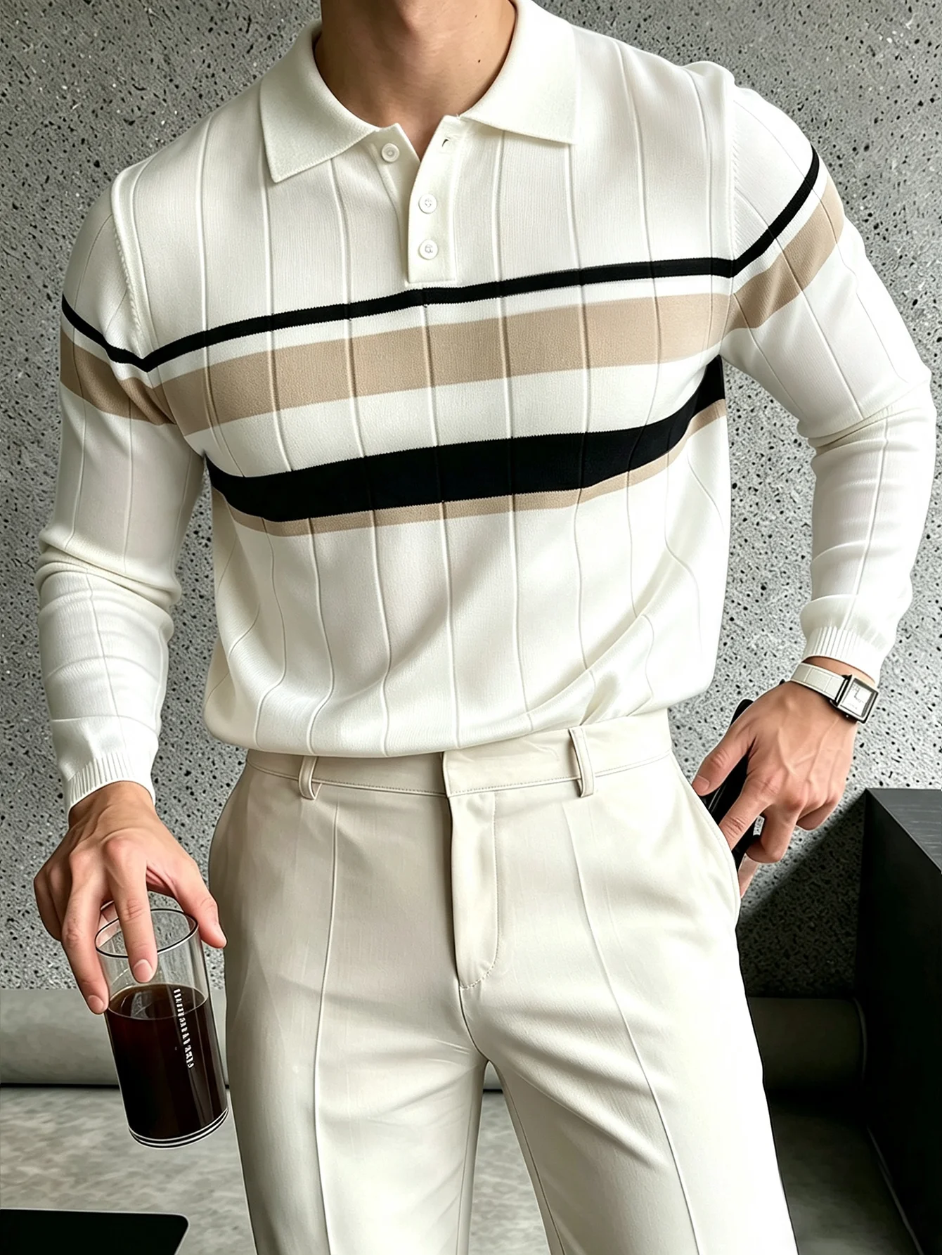 Vertical Rib Knit Men Striped Polo Shirt Long Sleeve Lapel Collar Slim Casual Business Male Tops Polera Hombre