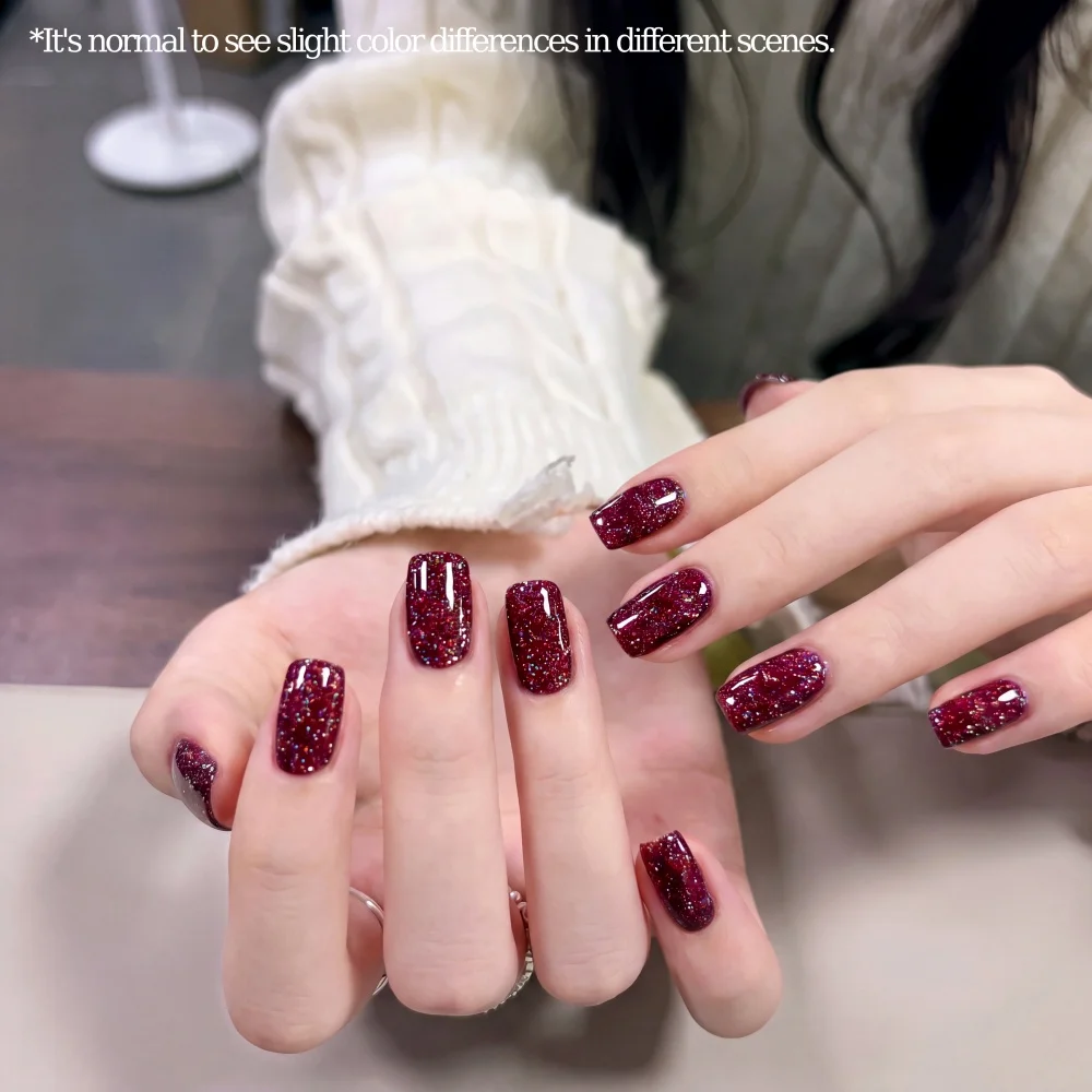 Visuatia Iridescent Diamond Nail Gel Polish in deep wine red with holographic reflective shine and rich texture. The color tone is sophisticated and elegant, creating a refined and exquisite nail style suitable for var