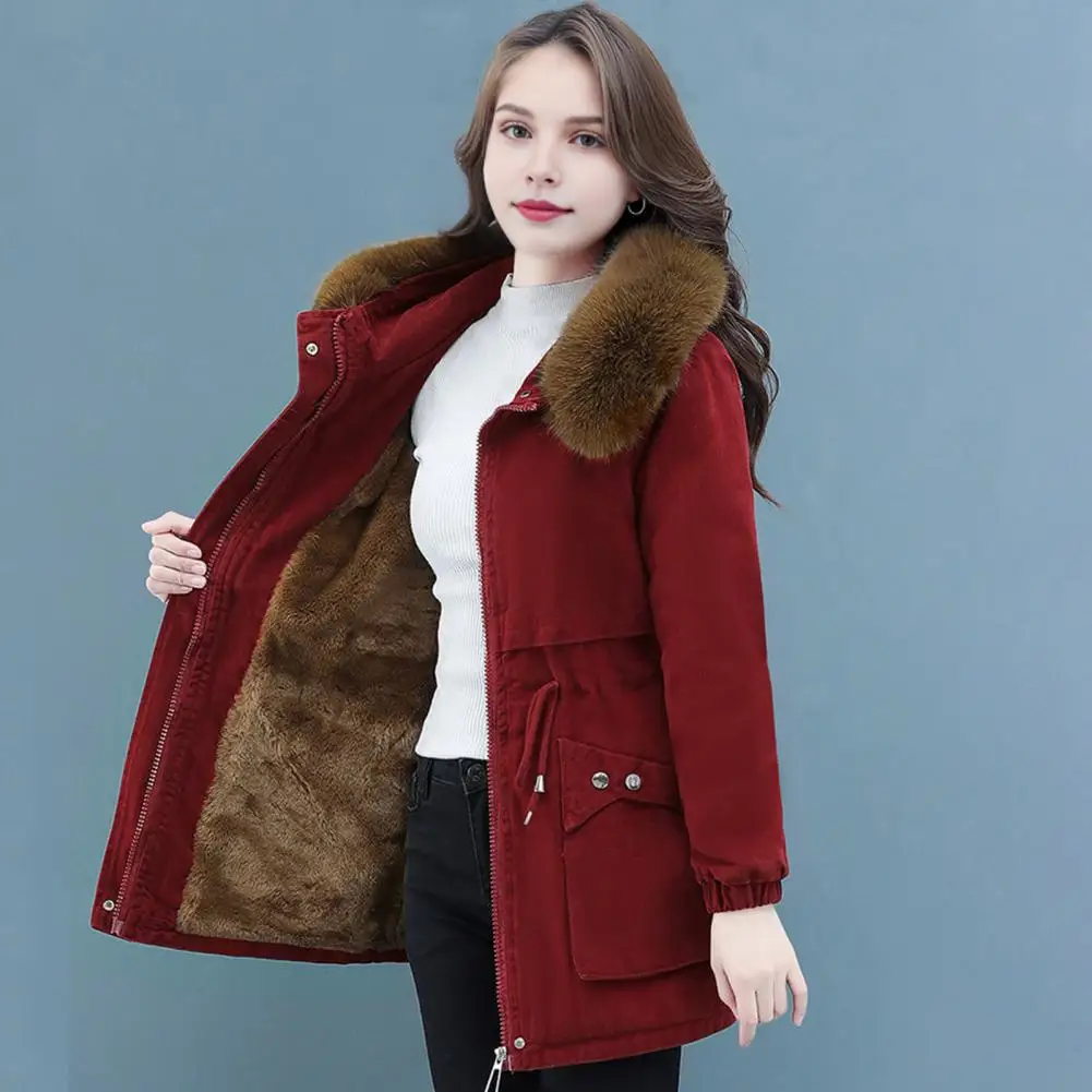 Winter Women Faux Shearling Jacket With Furry Hood Solid Color Double Pockets Drawstring Waist Cotton Coat Mid Length Outwear