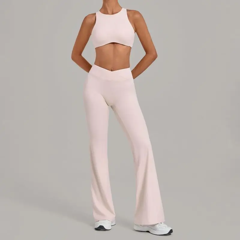 Women Hollow Cutout Back Yoga 2 Piece Outfit V Waist Flared Leggings Butt Lifting Sports Set For Fitness Pilates Jogging Gym