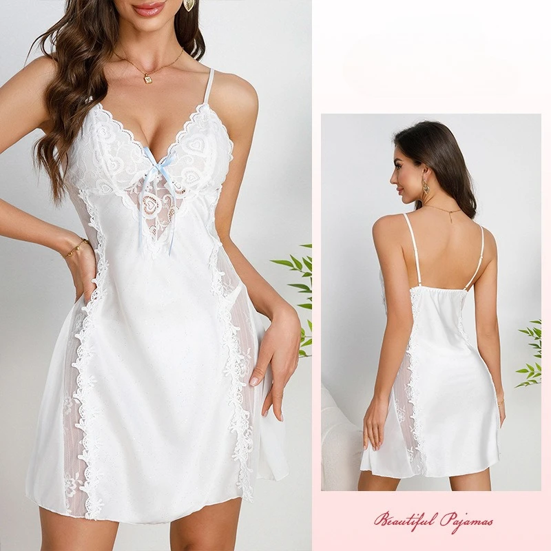 

One-piece Multi-style Sexy Nightgown Comfort Smooth and Soft Loungewear Women' Lace Mesh Deep V Suspender Split Print Pajamas